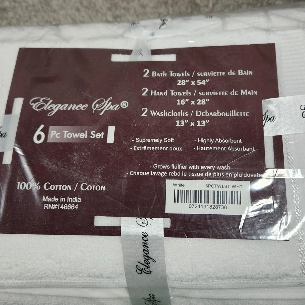 Elegance Spa 6 Pc Towel Set White 100% Cotton Soft Absorbent Bathroom